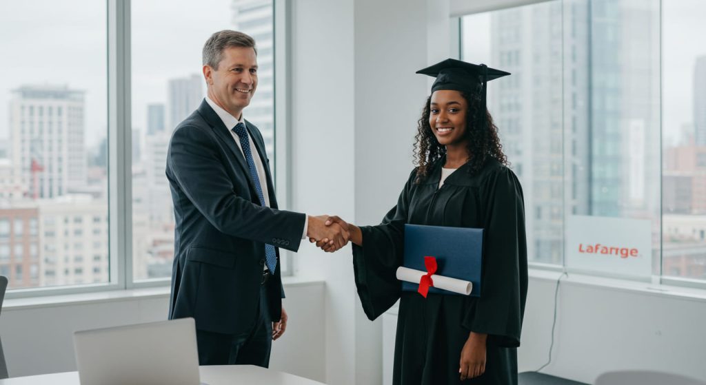 graduate shaking hands with a Lafarge manager
